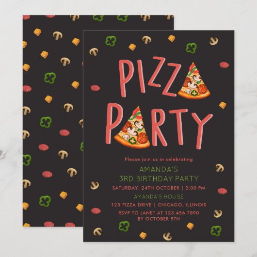 Moderne Typografie Pizza Slices Kids Verjaardagsfe Kaart (Voorkant / Achterkant)