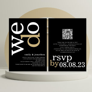 Moderne typografie QR Code White Gold Black Weddin Kaart