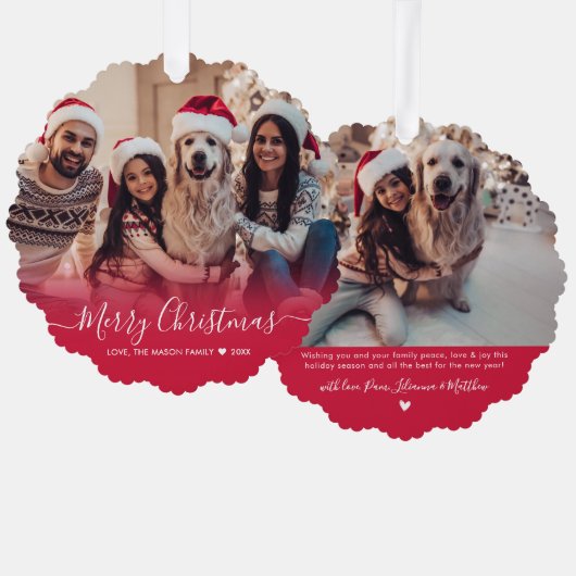 Moderne Typografie Rood 2 Foto Kerstmis Ornament Kaart (Voorkant / Achterkant)
