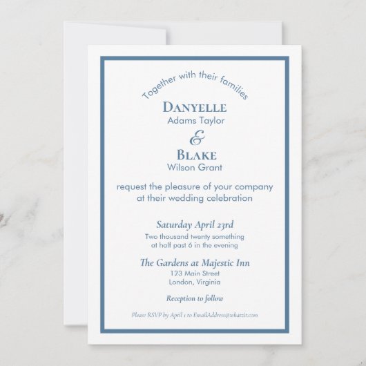 Moderne Typografie Stoffig Blauw Wit Bruiloft Kaart (Voorkant)