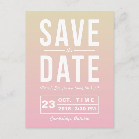 Moderne Typografie Sunset Ombre Save the Date Aankondigingskaart (Voorkant)