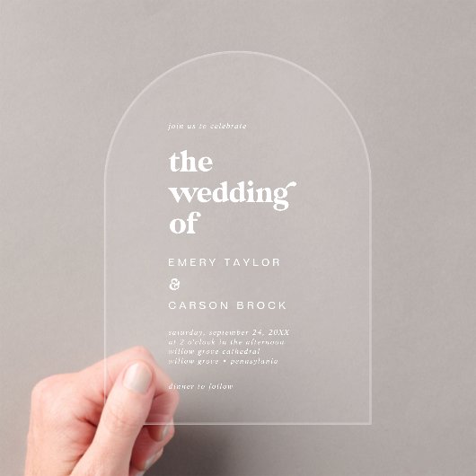 Moderne Typografie Witte Boho  Retro Huwelijk Acryl Uitnodigingen (Insitu (Draagbaar))