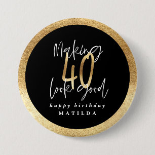 Moderne typografie zwart en goud 40e verjaardag ronde button 7,6 cm