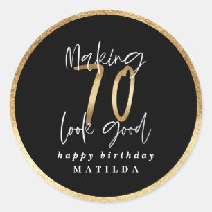 Moderne typografie zwart en goud 70ste verjaardag ronde sticker