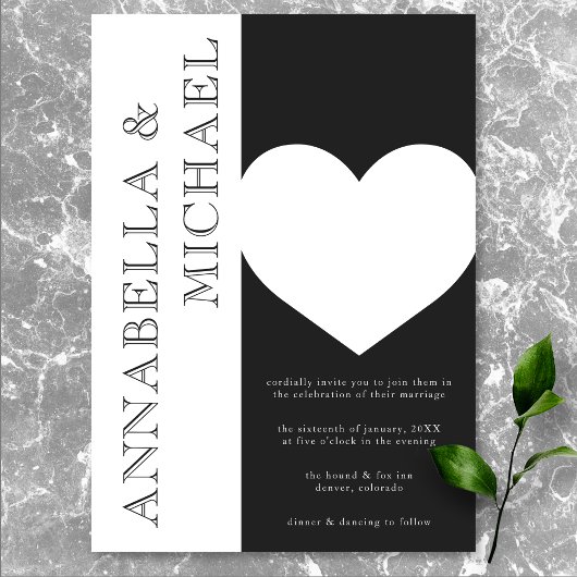 Moderne Typografie Zwart Wit Hart Wedding Kaart