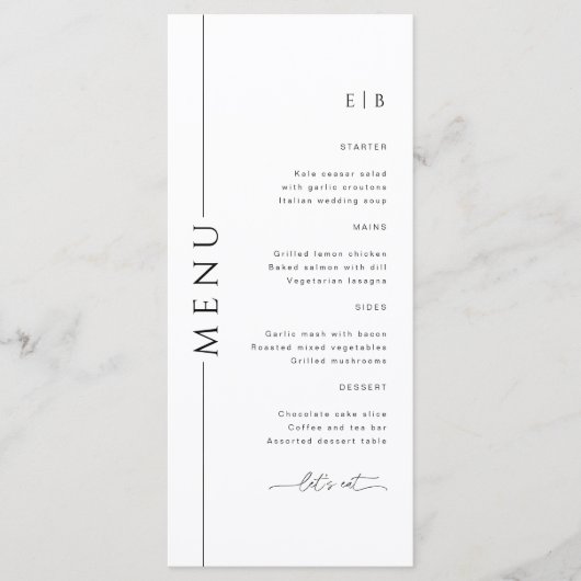 Moderne Typografie Zwart Wit Trouwdiner Menu (Voorkant)