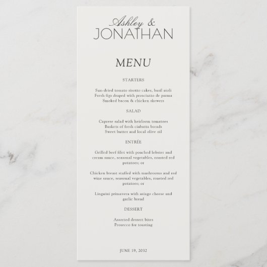 Moderne typografisch-centric bruiloft receptie menu (Voorkant)