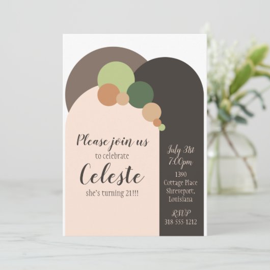 Moderne uitnodiging met aardetinten cirkels (Staand voorkant)