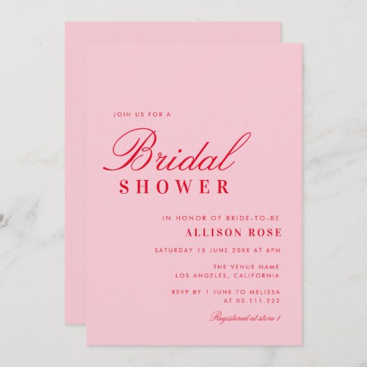 moderne uitnodiging tot douche met roze en rode br (Voorkant / Achterkant)