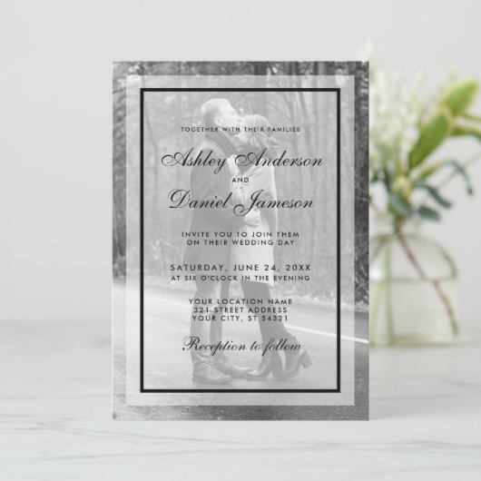 Moderne uitnodiging voor bruiloft - Bekleding B&W (Staand voorkant)