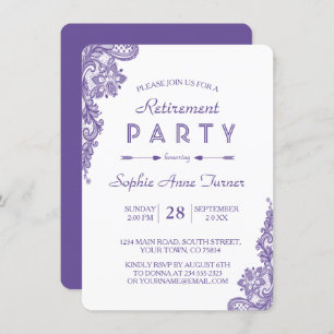 Moderne Ultra Violet Lace Retirement Party Uitnodi Kaart
