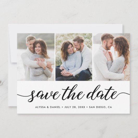 Moderne unieke 3 foto's Wedding Modern script Save The Date (Voorkant)