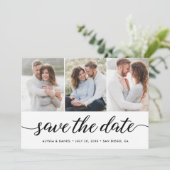 Moderne unieke 3 foto's Wedding Modern script Save The Date (Staand voorkant)