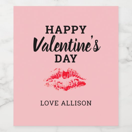 Moderne Valentijnse Rode kus roze gepersonaliseerd Wijn Etiket (Enkel label)