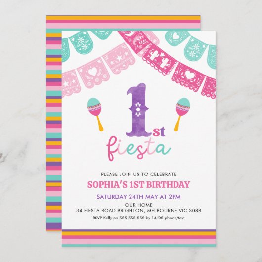 Moderne veelkleurige meisjes Fiesta 1e verjaardag Kaart (Voorkant / Achterkant)