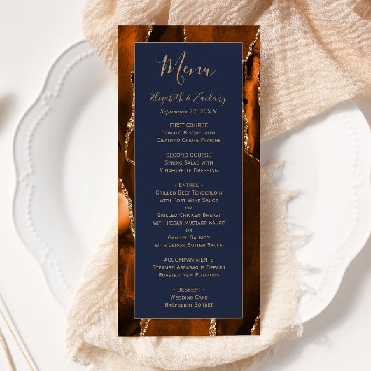 Moderne Verbrand Oranje Goud Agaat Marineblauwe Hu Menu