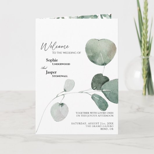 Moderne verdure Mariage blanc plié Programme (Devant)