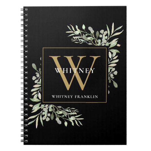 Moderne verdure Noir Or Monogramme Nom Carnet (Devant)