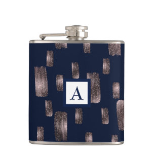 Moderne verfkwast Roze Goud & Marineblauw Glitters Heupfles