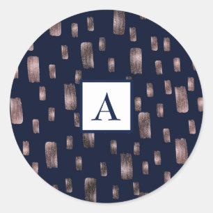 Moderne verfkwast Roze Goud & Marineblauwe Glitter Ronde Sticker