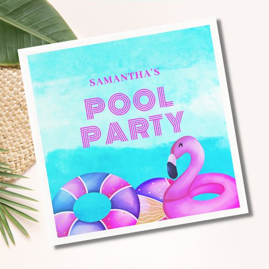 Moderne verjaardag Pool Party Roze Flamingo servet