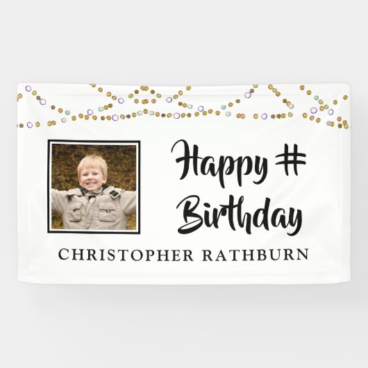 Moderne Verjaardag String Lights Borstel Script Fo Spandoek (Horizontaal)