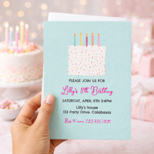 Moderne verjaardagsuitnodiging met cake, Kleurige Kaart