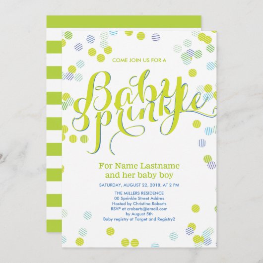 Moderne Vert Bleu Blanc Bébé Saupoudrer Invitation (Devant / Derrière)