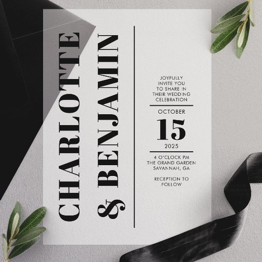 Moderne Verticale Bold Black Wedding Vellum Uitnodigingen