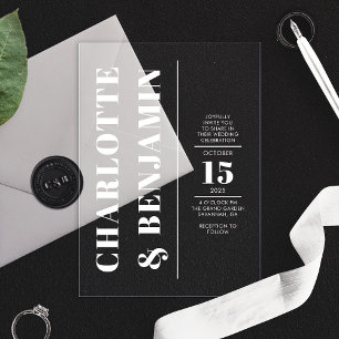 Moderne Verticale Vetgedrukte Witte Huwelijk Acryl Uitnodigingen