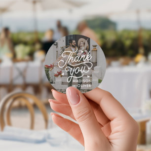 Moderne vet dank u typografie foto bruiloft ronde sticker