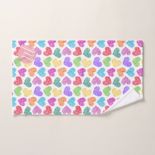 Moderne Vibrant Rainbow Doodle Hearts Monogramme (Serviette à main)