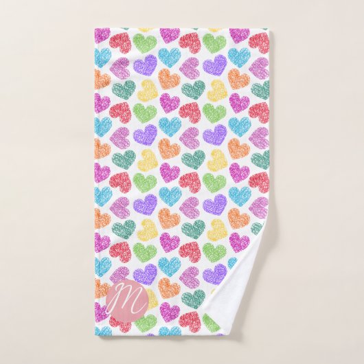 Moderne Vibrant Rainbow Doodle Hearts Monogramme (Serviette à main)