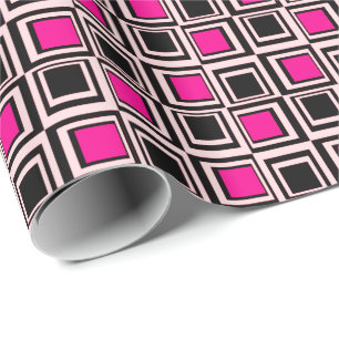 Moderne vierkanten, lichtroze, warm roze en zwart cadeaupapier