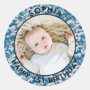 Moderne vintage Happy 1st Verjaardag Foto Oceaan Ronde Sticker