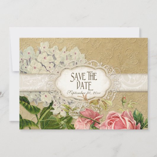 Moderne Vintage Kant Thee Gekleurde Hortensia en R Save The Date (Voorkant)