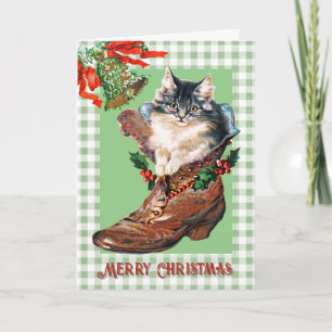 Moderne Vintage Kerstkitten in Boot Sage Plaid Kaart