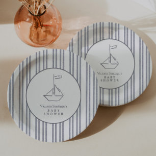 Moderne Vintage Kust Zeilboot Blauwe Baby Shower Papieren Bordje