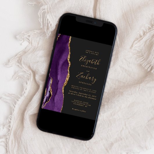 Moderne violet Or Agate Faire-part de mariage fonc