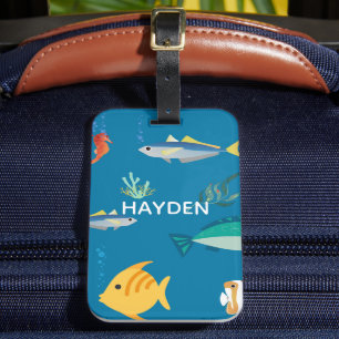 Moderne vis en zeepaard blauw gepersonaliseerd bagagelabel