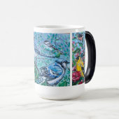 Moderne Vogel Kijken Blauwe Jay gele vink Magische Mok (Voorkant rechts)