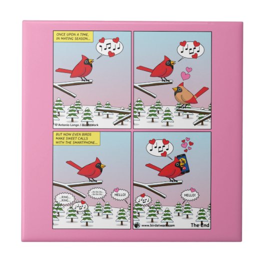 Moderne vogelparing roept Comic Tegeltje (Voorkant)
