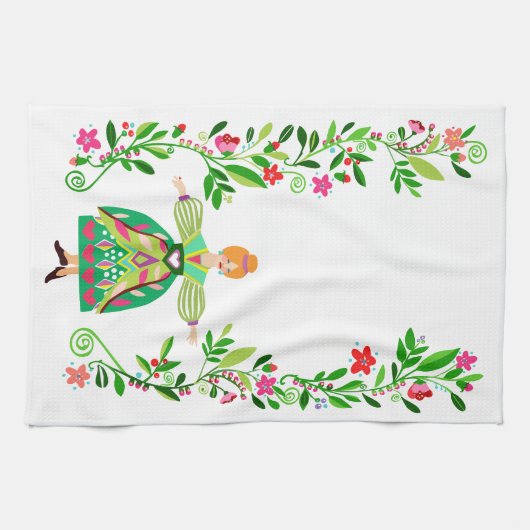 Moderne volkskunst stijl roodharige Bloemenmeisje Theedoek (Horizontaal)