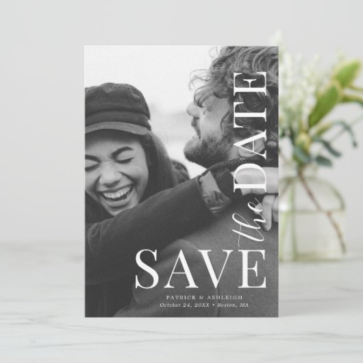 Moderne volledige fotobruiloft bespaart datum save the date (Staand voorkant)