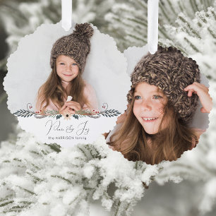 Moderne Vrede & Vreugde Kerstmis Botanische Foto Ornament Kaart