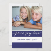 Moderne vredeskaart, Joy, Love Holiday | Blauw Feestdagenkaart (Voorkant)