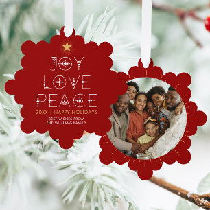 Moderne vreugde liefde vrede kerstvakantie foto ornament kaart