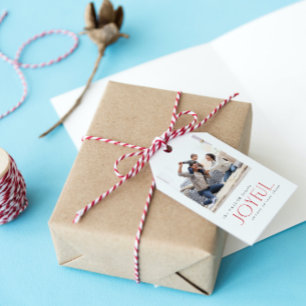 Moderne vreugdevolle typografie rode kerst foto cadeaulabel