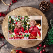 Moderne Vrolijk en Gezegend Rood en Zwart Plaid Folie Feestdagenkaart