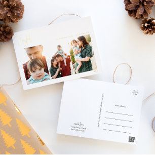 Moderne, vrolijk kerstscript drie foto's   Goud Folie Feestdagen Briefkaart